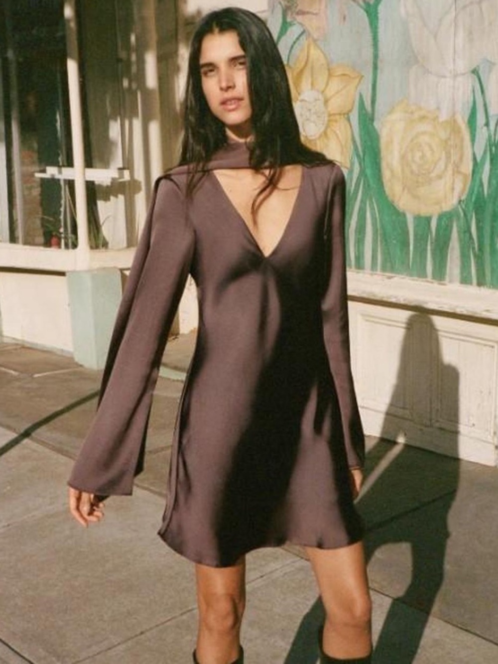 Zara Plum Satin V-Neck Mini Dress with Long Sleeves